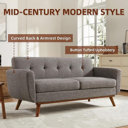 Kingfun 65.2" W Loveseat Sofa, Mid Century Modern Decor Love Seat Couches for Living Room, Button Tufted Upholstered Furniture, Solid & Easy to Install Small Couch for Bedroom Office Apartment, Grey