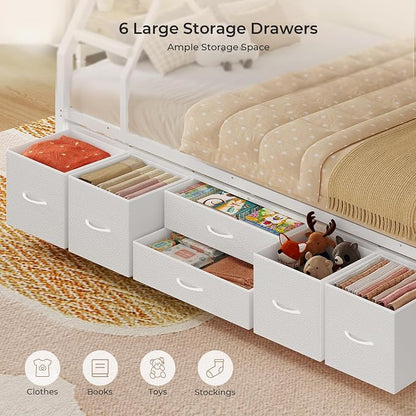 BTHFST Bunk Bed Twin Over Full with Trundle, LED Lights Bunk Beds with 6 Large Storage Drawers, Metal Bunk Beds with Ladder and Full-Length Guardrail, Space Saving, White