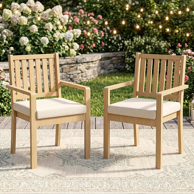 FansaFurn Acacia Patio Dining Chairs Set of 2, Outdoor Wood Chairs with Thick Cushions, Modern Patio Seating for Backyard, Porch, Garden, Indoor Use, Beige