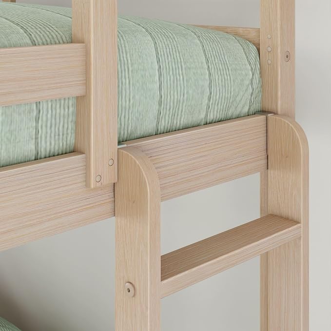 Grain & Grove Bear Twin Over Full Bunk Bed, Sturdy Bunk Bed Frame for Kids, Plywood Bunk with Ladder, Guardrail, and Slats, No Box Spring Required, Oak Embossed Natural