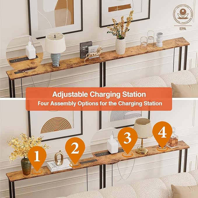 Keelian 63" Sofa Table Narrow Long - Power Outlets & 2 USB Ports, Metal Frame,Behind Couch Table Behind Sofa for Living Room, Hallway, Entrance- Easy Assembly, 4.9' Extension Cord Included.