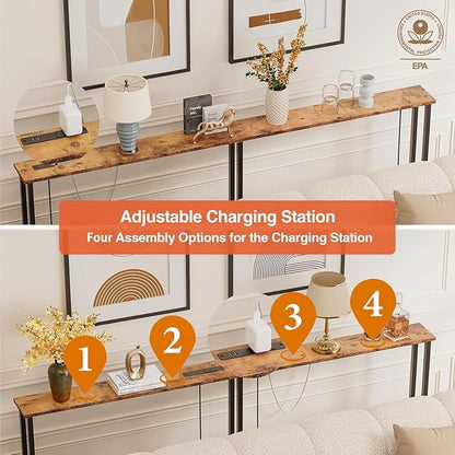 Keelian 63" Sofa Table Narrow Long - Power Outlets & 2 USB Ports, Metal Frame,Behind Couch Table Behind Sofa for Living Room, Hallway, Entrance- Easy Assembly, 4.9' Extension Cord Included.