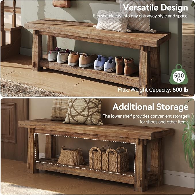 55" Solid Wood Entryway Bench with Shoe Storage, Rustic Charred Wood Grain Foyer Bench with Open Shelf for Hallway, Mudroom, Bedroom, Easy Assembly