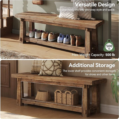 55" Solid Wood Entryway Bench with Shoe Storage, Rustic Charred Wood Grain Foyer Bench with Open Shelf for Hallway, Mudroom, Bedroom, Easy Assembly