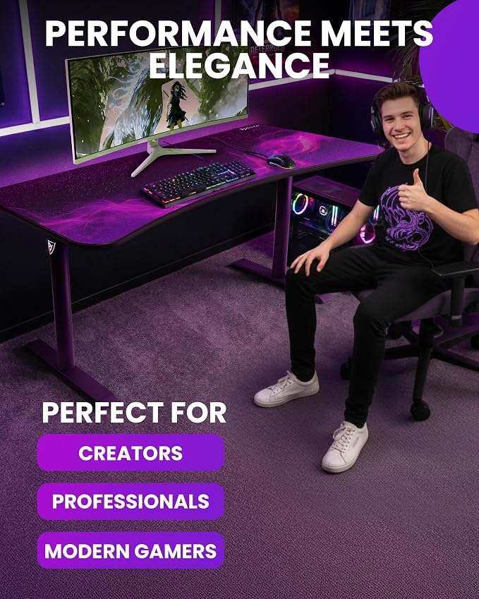 Arozzi Arena Special Edition Ultrawide Curved Gaming and Office Desk with Full Surface Water Resistant Desk Mat Custom Monitor Mount Cable Management Cut Outs - Purple Galaxy