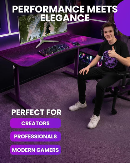 Arozzi Arena Special Edition Ultrawide Curved Gaming and Office Desk with Full Surface Water Resistant Desk Mat Custom Monitor Mount Cable Management Cut Outs - Purple Galaxy