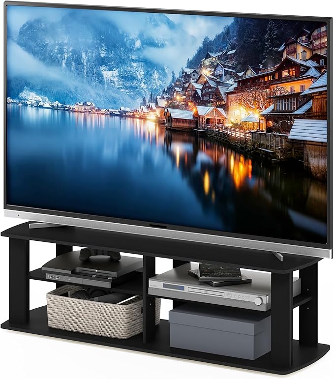 Furinno Nelly TV Stand, 3-Tier Entertainment Center with Open Shelves Storage, TV Console for TV up to 55 Inch, Soft Edges, for Living Room, Bedroom, Black
