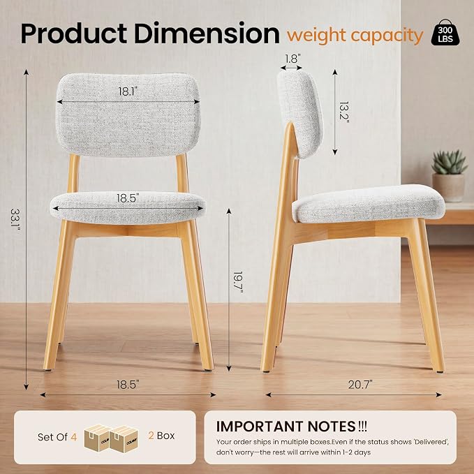 COLAMY Dining Chairs Set of 4,Modern Upholstered Kitchen Room Chairs with Solid Natural Oak Wood Legs, 5-Min Easy Assembly Anti-Wobble, High-Weight Fabric Farmhouse Side Chair, 300lbs,Oak,Beige