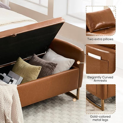 65" End of Bed Storage Bench, Leather Storage Bench for Bedroom with Tufted Button Upholstered and Gold Legs, Ottoman Bedroom Benches with Armrests for Living Room Window, Brown
