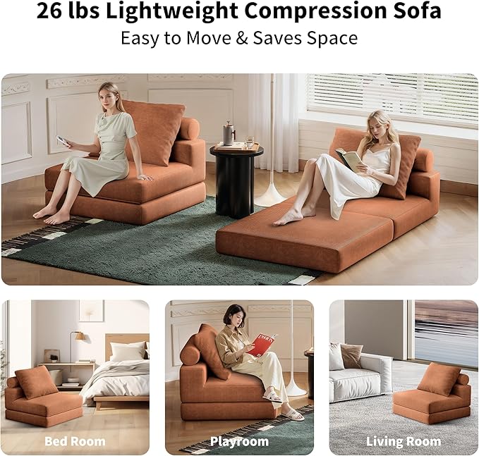 Folding Sofa Bed, 3-in-1 Convertible Sleeper Chair Bed with Pillows, Foldable Floor Couch with High-Density Foam, Futon Small Boneless Couch for Living Room Bedroom Lounge, Single, Brown