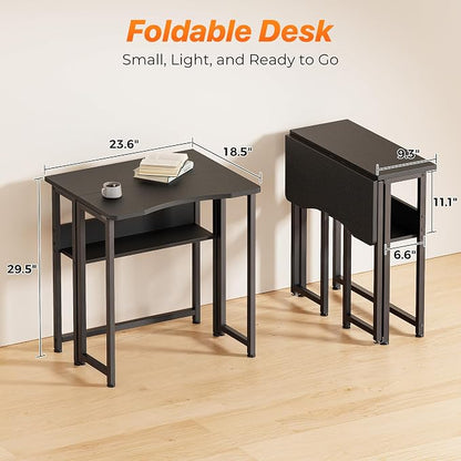 Huuger Folding Desk with Storage Shelf, 23.6 Inch Foldable Computer Table for Small Spaces, Space Saving Sofa Table for Couch, Writing Work Office Computer Desk, Easy to Fold, Black