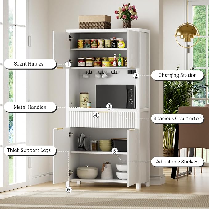 Lulive White Fluted Pantry Cabinet with Charging Station, Adjustable Shelves, Spacious Kitchen Storage Organizer with Open Countertop, Kitchen Hutch with Storage Drawers for Dining & Living Room | Adjustable Shelves, Open Countertop, Drawer, Spacious K...