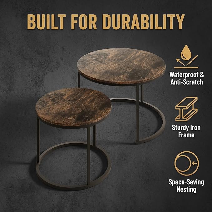 Living Room Side Table, Round Coffee Tables for Living Room, Modern Nesting Drink for Small Spaces, Set of 2 (Rustic Wooden)