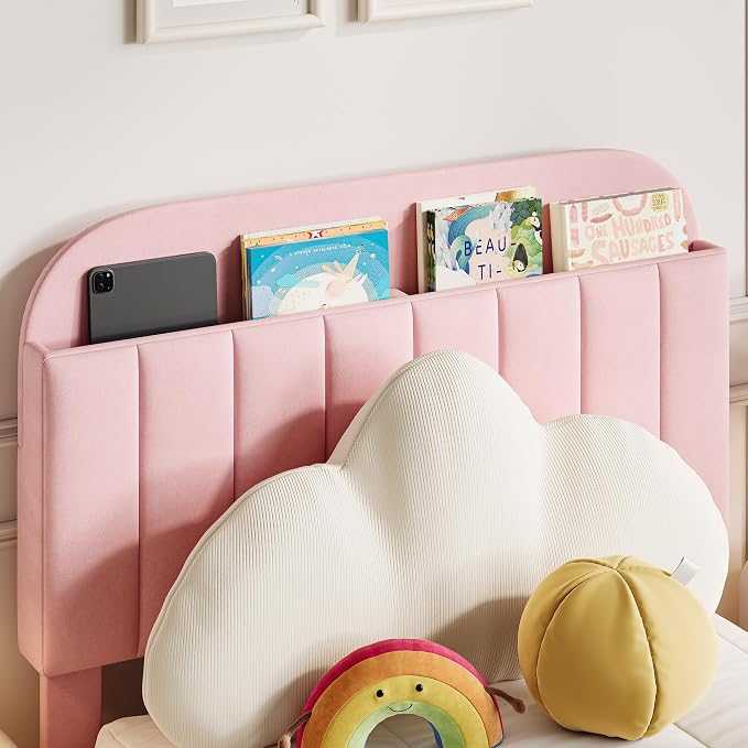 IDEALHOUSE Twin Bed Frame for Kids, Upholstered Platform Bed with Large Storage Drawer and Bookcase Headboard, Girls Bed, Noise-Free, Easy Assembly, No Box Spring Needed, Light Pink