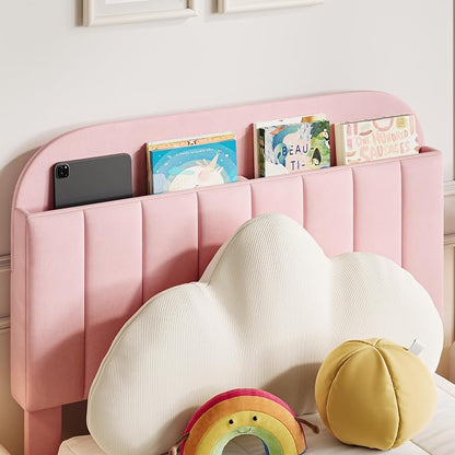 IDEALHOUSE Twin Bed Frame for Kids, Upholstered Platform Bed with Large Storage Drawer and Bookcase Headboard, Girls Bed, Noise-Free, Easy Assembly, No Box Spring Needed, Light Pink