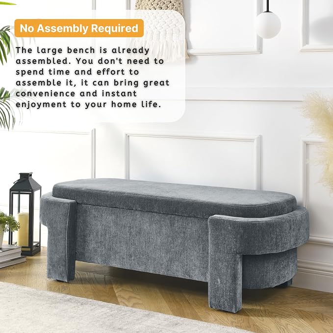 51.5" Oval Storage Bench End of Bed Storage Benches Linen Fabric Upholstered Ottoman Bench with Large Storage Space for Living Room Entryway Bedroom Hallway (Dark Grey, 51.5 inch)