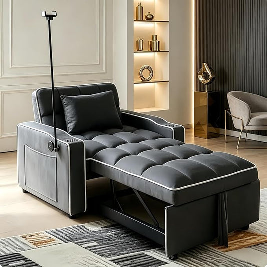 4 in 1 Sleeper Chair, Velvet Pull Out Chair Sleeper with Bracket and Cup Holder, Chairs Bed Sleepers with USB Port for Adults, Sofa Bed Chairs for Small Spaces, Living Room, Black
