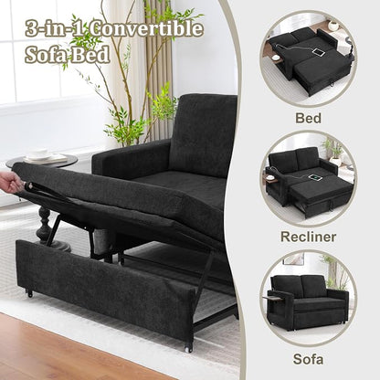 3 in 1 Folding Convertible Sleeper Sofa Bed Pull Out Couch with Side Pockets USB Port Side Table Loveseat Sofa Bed with Adjustable Backrest for Living Room Bedroom 66" Black 2 SEAT