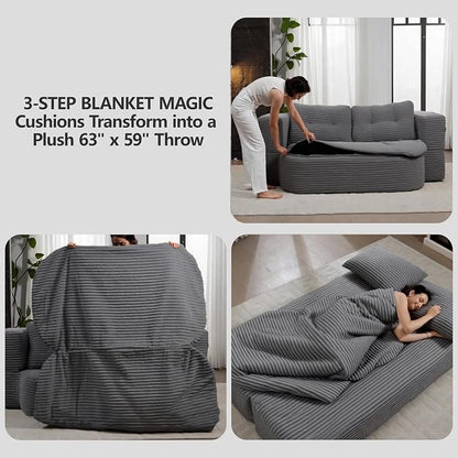 78.7" Futon Sofa Bed, 2-in-1 Foldable Sleeper Sofa, Convertible Sofa Bed with Pillows, Corduroy Couch with Multi Functional Blanket Upholstered Boneless Couches for Living Room, Dark Gray