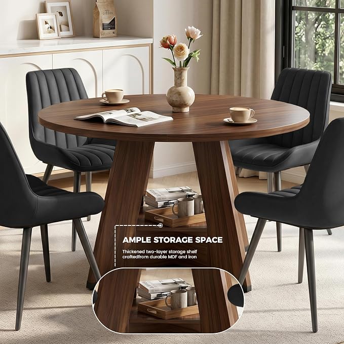 Miereirl 47.3 Inch Round Dining Table Set for 4, Round Kitchen Table with Chairs, Space Saving Dining Room Table Set with Storage Shelf for Apartment Kitchen Dining Room, Walnut Table+4 Black Chairs