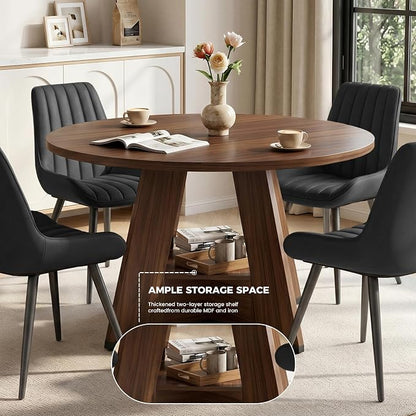 Miereirl 47.3 Inch Round Dining Table Set for 4, Round Kitchen Table with Chairs, Space Saving Dining Room Table Set with Storage Shelf for Apartment Kitchen Dining Room, Walnut Table+4 Black Chairs