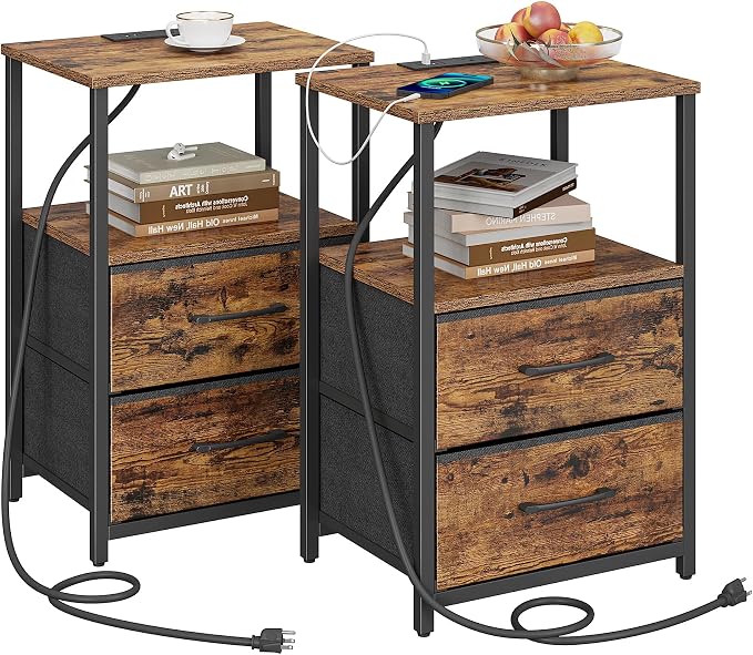 TUTOTAK End Table with Charging Station, Side Table with 2 USB Ports and Outlets, Nightstand with Cloth Drawer, Set of 2, Couch Table, Brown TB01BB052 | with Charging Station