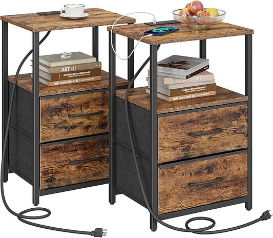 TUTOTAK End Table with Charging Station, Side Table with 2 USB Ports and Outlets, Nightstand with Cloth Drawer, Set of 2, Couch Table, Brown TB01BB052 | with Charging Station