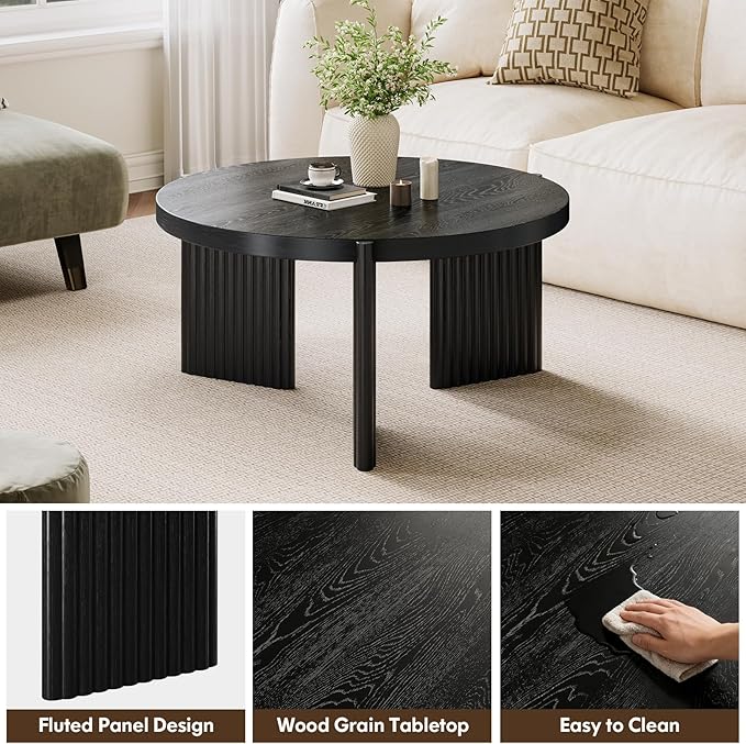 Luoxiao Round Coffee Table for Living Room, 31.5" Black Fluted Coffee Table | Modern Wood Accent Table with Ribbed Base, Sturdy for Family, Apartments, Sectionals, Easy Assembly, Non-Slip Foot Pads