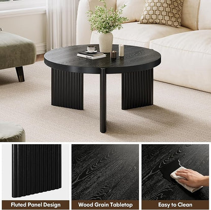 Luoxiao Round Coffee Table, 27.5" Fluted Coffee Tables for Living Room | Small Wood Accent Table for Apartment, Ribbed Base, Sturdy Construction, Easy Assembly, Non-Slip Foot Pads, Modern, Black