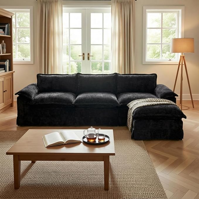 Claiks 123" Modular Boneless Couch, L Shaped Couch for Living Room, Modern Deep Seat Sofa 3 Seater Chenille Fabric Comfy Cloud Couches with Movable Ottoman, Black