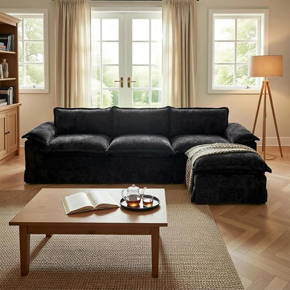 Claiks 123" Modular Boneless Couch, L Shaped Couch for Living Room, Modern Deep Seat Sofa 3 Seater Chenille Fabric Comfy Cloud Couches with Movable Ottoman, Black