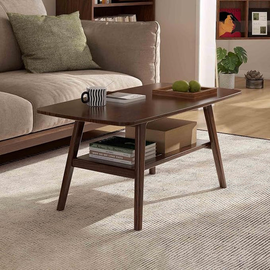 100% Solid Wood Coffee Table for Living Room, 39.37" Mid Century Modern Tables with Shelf Storage, 2-Tier Coffee Table with Rounded Corners (Oak Wood Walnut Color, 39.37" L)