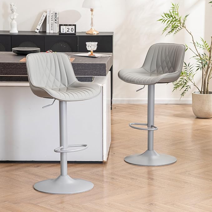 YOUTASTE Faux Leather Bar Stools Set of 2, All Grey Upholstered Counter Height Barstools with Back, Adjustable Swivel Stool Chair with Grey Metal Base for Home Kitchen Island