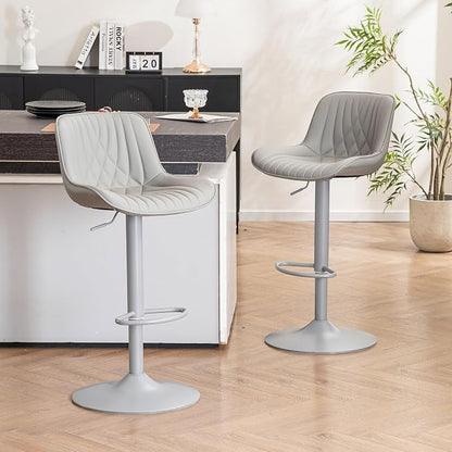 YOUTASTE Faux Leather Bar Stools Set of 2, All Grey Upholstered Counter Height Barstools with Back, Adjustable Swivel Stool Chair with Grey Metal Base for Home Kitchen Island