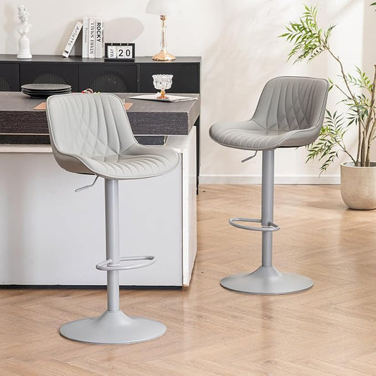 YOUTASTE Faux Leather Bar Stools Set of 2, All Grey Upholstered Counter Height Barstools with Back, Adjustable Swivel Stool Chair with Grey Metal Base for Home Kitchen Island