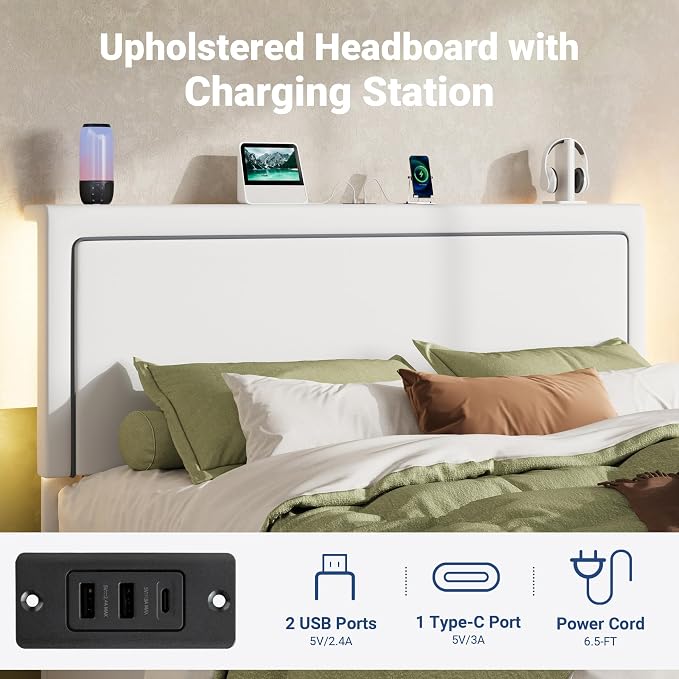 Allewie Queen Size Lift Up Storage Bed Frame with Charging Station & LED Lights, Adjustable Velvet Upholstered Storage Headboard, Type-C & USB Ports, Hydraulic Support, No Box Spring Needed, White