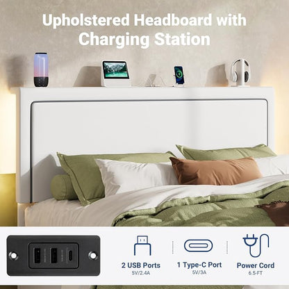 Allewie Full Size Lift Up Storage Bed Frame with Charging Station & LED Lights, Adjustable Velvet Upholstered Storage Headboard, Type-C & USB Ports, Hydraulic Support, No Box Spring Needed, White