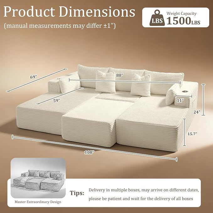 108" Cloud Sectional Couch, Comfort Sleep Sofa for Living Room, Extra Deep Seats No Assembly, Minimalist Modular Couch, Corduroy (Cream, Widen Loveseat Chaise)