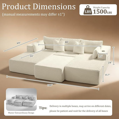 108" Cloud Sectional Couch, Comfort Sleep Sofa for Living Room, Extra Deep Seats No Assembly, Minimalist Modular Couch, Corduroy (Cream, Widen Loveseat Chaise)