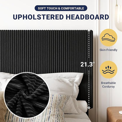 Allewie Full Bed Frame, Upholstered Platform Bed, Adjustable Vertical Channel Tufted Headboard, Corduroy Fabric, Modern Low Profile, Wooden Slats, No Box Spring Needed, Easy Assembly, Black