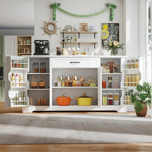 Gizoon 56" Kitchen Coffee Bar Cabinet with Storage Kitchen Sideboard Buffet Cabinet with Drawers, Short Pantry with Door and Shelves for Bathroom and Living Room, White