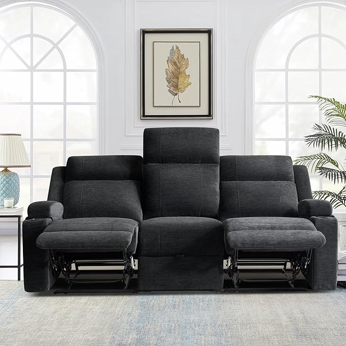 GUEAPY Large Manual Reclining Sofa – 3-Seater Chenille Reclining Couch with Cup Holders, Wide Seat, Easy Assembly & Spill-Resistant Fabric – Cozy Reclining Sofa for Living Room, Apartment, RV（Black）