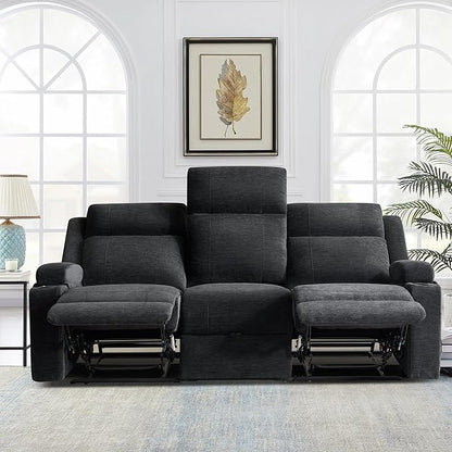 GUEAPY Large Manual Reclining Sofa – 3-Seater Chenille Reclining Couch with Cup Holders, Wide Seat, Easy Assembly & Spill-Resistant Fabric – Cozy Reclining Sofa for Living Room, Apartment, RV（Black）