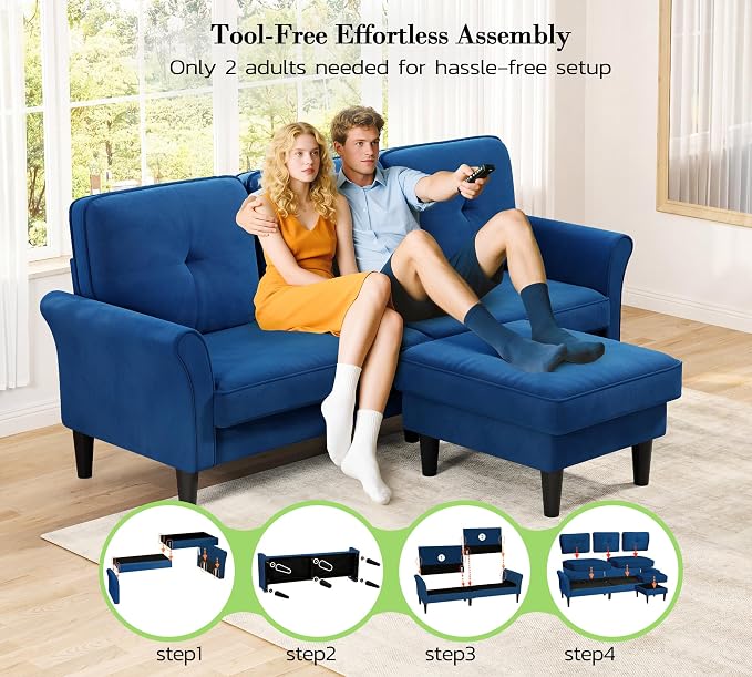 Kidirect Small Sectional Couch, 83" L Shaped Couch, Comfy Velvet Couches for Living Room, Tool-Free Setup Modular Sectional Sofa, 850lbs Load Sofas for Living Room with 1 Movable Ottoman, Blue Couch