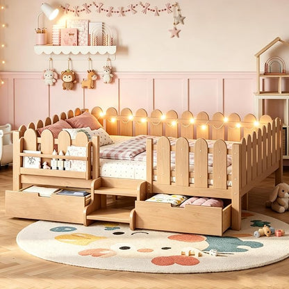 Bellemave Queen Size Platform Bed with Storage Drawers & Bookshelf for Boys Girls, Kids Queen Bed Frame with LED Lights & Stairs for Children's Room, Natural