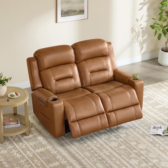 Watson & Whitely Genuine Leather Power Loveseat Recliner Sofa, Lay Flat Loveseat Reclining Sofa with Power Headrest, Cup Holders, USB & Type-C Ports, Dual Recliners for Living Room, Saddle Brown