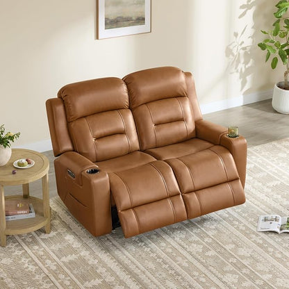 Watson & Whitely Genuine Leather Power Loveseat Recliner Sofa, Lay Flat Loveseat Reclining Sofa with Power Headrest, Cup Holders, USB & Type-C Ports, Dual Recliners for Living Room, Saddle Brown