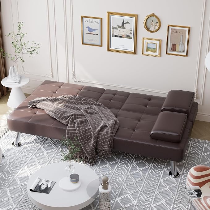 Shahoo Convertible Folding Futon Sofa Bed Sleeper Couch for Living Room Faux Leather Upholstered Loveseat w/Removable Armrests, Metal Legs, 2 Cup Holders, Brown