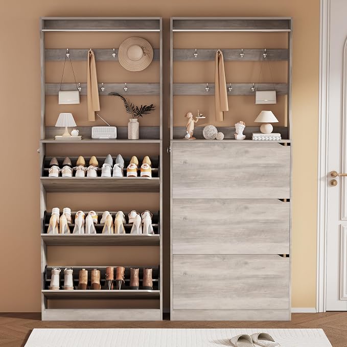 Shoe Storage Cabinet, Wood Shoe Organizer for Entryway with 3 Flip Drawers, Freestanding Shoe Rack with Adjustable Shelf, Narrow Shoe Dresser for Front Door Entrance (Grey, Tall 3 Drawers)