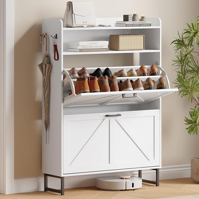 Shoe Cabinet with 2 Flip Drawers, Freestanding Hidden Shoe Storage Organizer for Entryway, Narrow Slim Shoe Rack Cabinet with Open Storage & Hooks for Front Door Entrance, Living Room, Hallway, White